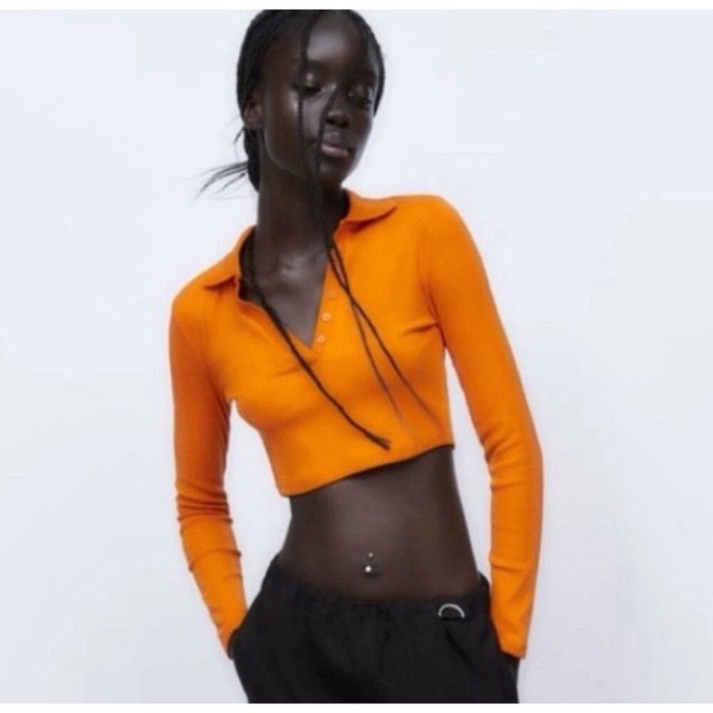 Zara Ribbed Long Sleeve Crop Top Women’s Size Small Orange Faux Button